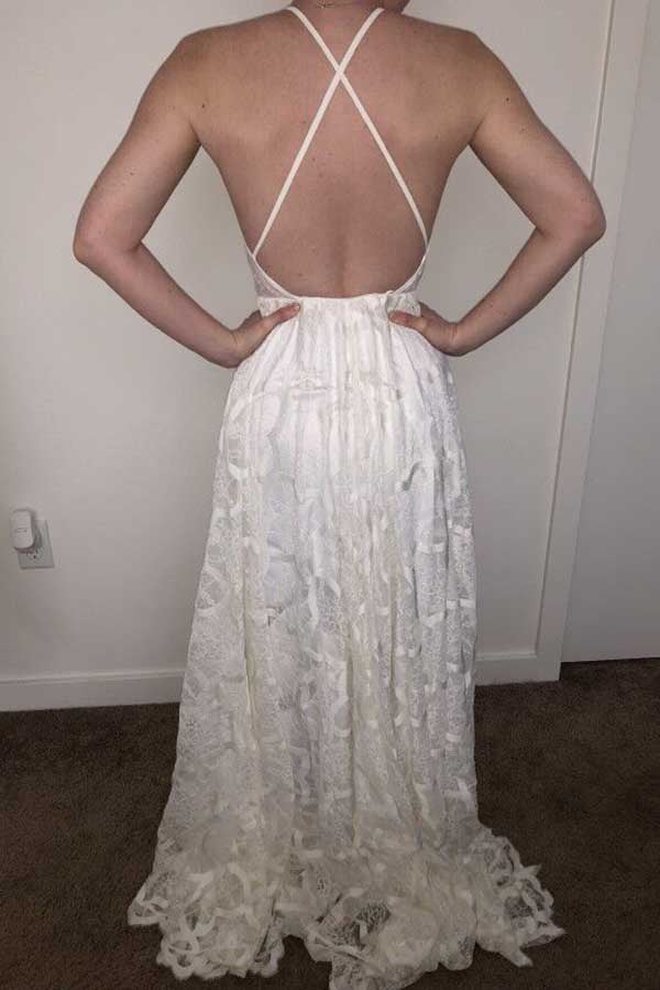 A-line Halter Sweep Train Lace Wedding Dresses, Wedding Gowns