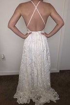 A-line Halter Sweep Train Lace Wedding Dresses, Wedding Gowns