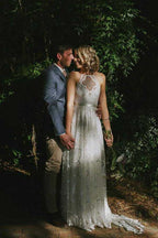 A-line Halter Sweep Train Lace Wedding Dresses, Wedding Gowns