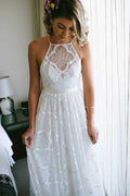 A-line Halter Sweep Train Lace Wedding Dresses, Wedding Gowns