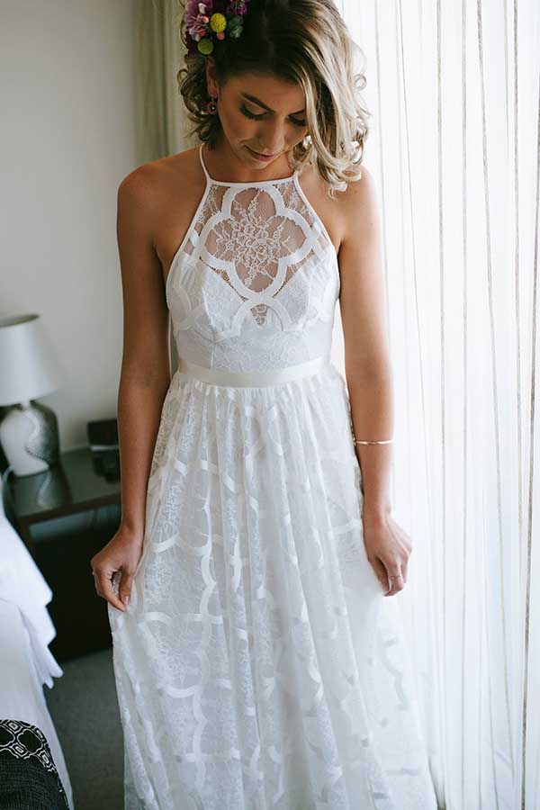 A-line Halter Sweep Train Lace Wedding Dresses, Wedding Gowns