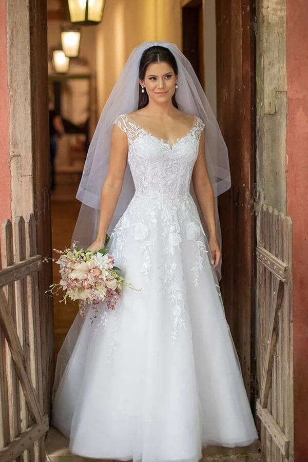 A-line V-neck Wedding Dresses With Lace Appliques, Bridal Gown