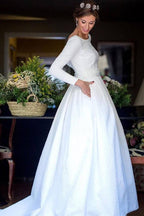 Ball Gown Long Sleeves Backless Wedding Dresses With Pocket