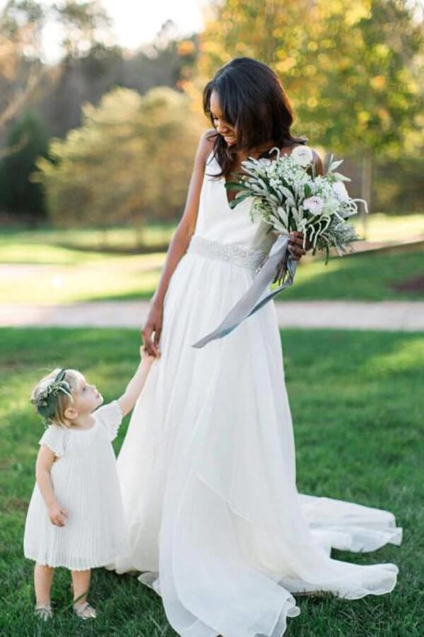 Chiffon A-line V-neck Beaded Wedding Dresses, Wedding Gowns