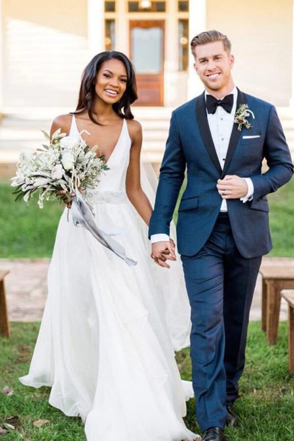 Chiffon A-line V-neck Beaded Wedding Dresses, Wedding Gowns