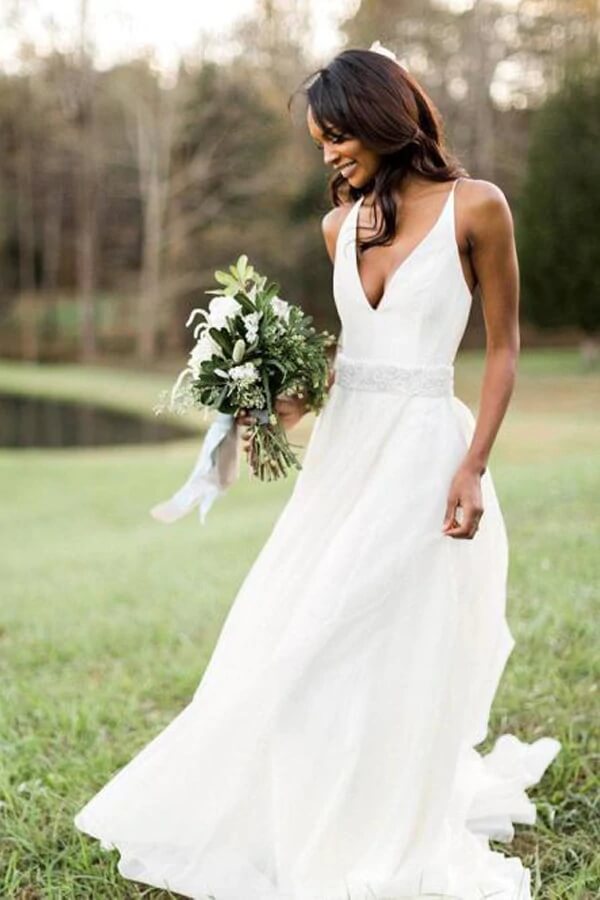 Chiffon A-line V-neck Beaded Wedding Dresses, Wedding Gowns