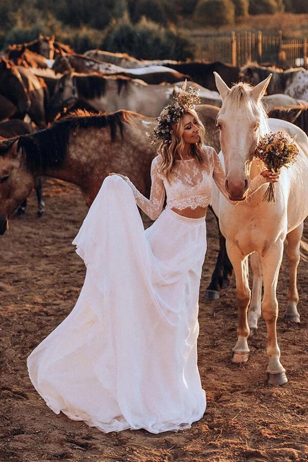 Chiffon Boho Two Pieces Long Sleeves Lace Wedding Dresses
