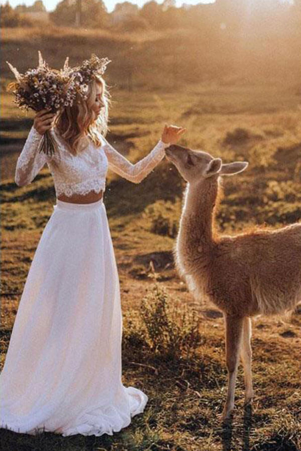 Chiffon Boho Two Pieces Long Sleeves Lace Wedding Dresses