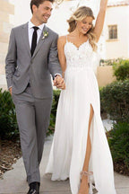 Chiffon Lace A-line Spaghetti Straps Flowy Beach Wedding Dresses