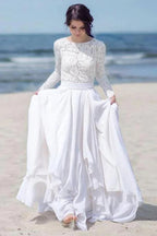 Chiffon Lace Long Sleeves Floor Length Beach Wedding Dresses
