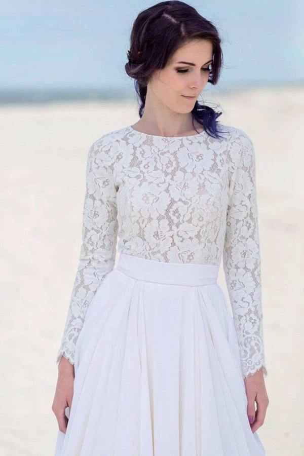 Chiffon Lace Long Sleeves Floor Length Beach Wedding Dresses