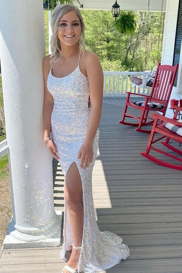 Vestidos de fiesta largos formales con abertura y espalda descubierta con lentejuelas de sirena