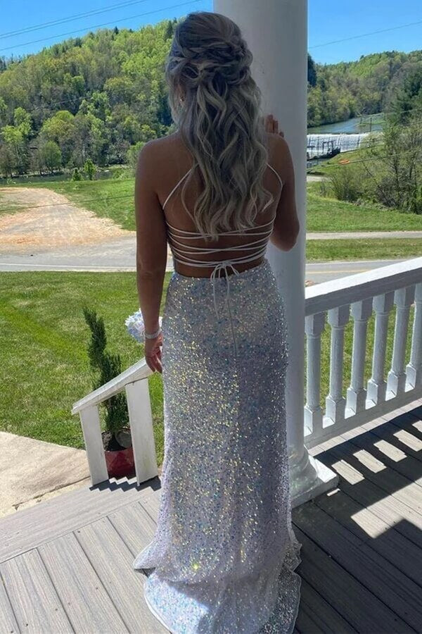 Vestidos de fiesta largos formales con abertura y espalda descubierta con lentejuelas de sirena