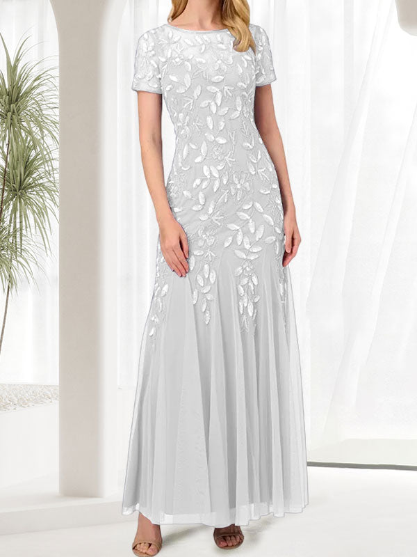 Vestido largo de sirena azul con cuello redondo para madre de la novia con abalorios