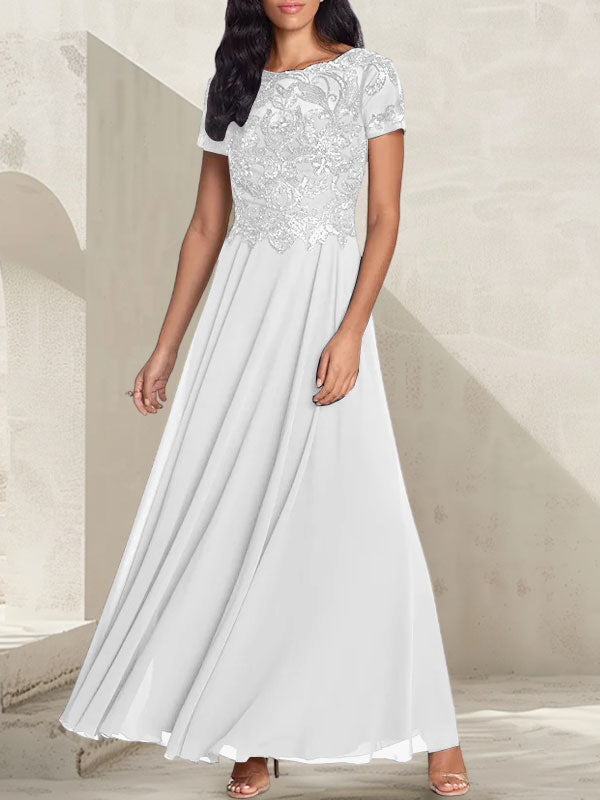 Vestido largo de madre de la novia con escote redondo, corte A, color gris carbón y cuentas