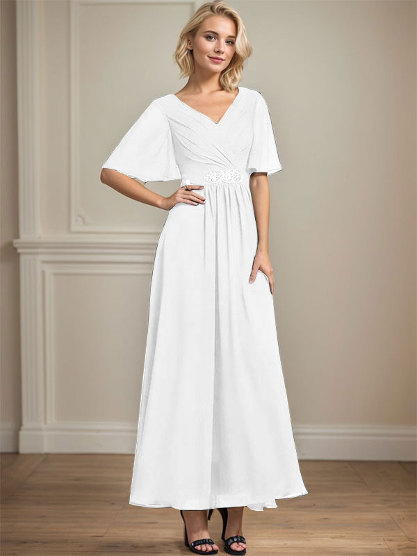 Vestido de gasa para madre de la novia, corte A, escote en V, largo hasta los tobillos, con lentejuelas y cuentas plisadas