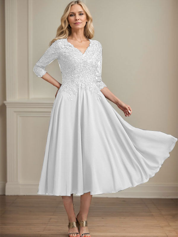 A-Linien-Kleid aus Chiffonspitze mit V-Ausschnitt, Teelänge, Perlen- und Paillettenstickerei für die Mutter der Braut 
