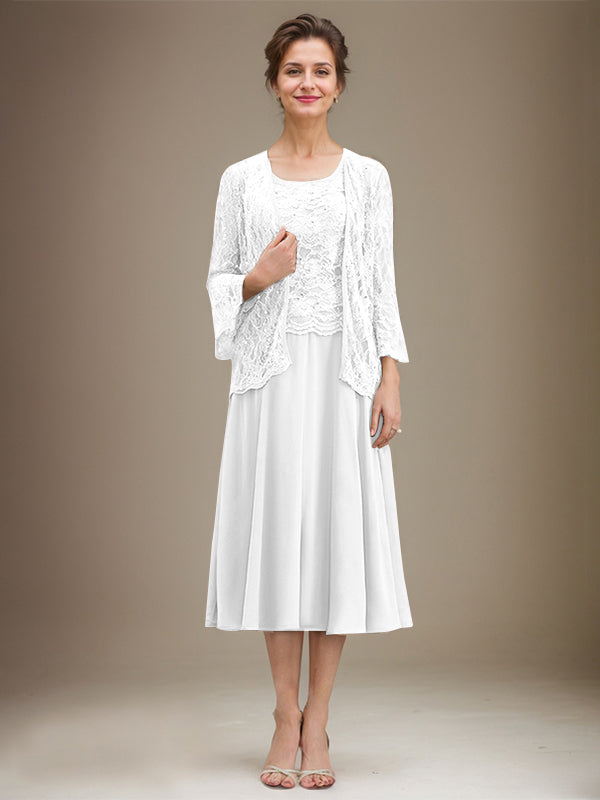 Vestido de gasa con encaje y lentejuelas para madre de la novia, corte A, escote redondo y largo hasta la rodilla 