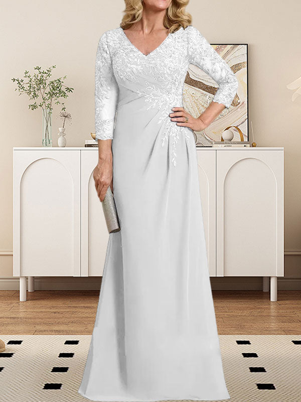Etuikleid/Säulenkleid mit V-Ausschnitt, Illusion-Detail, bodenlang, aus Chiffonspitze und plissierten Pailletten für die Mutter der Braut 
