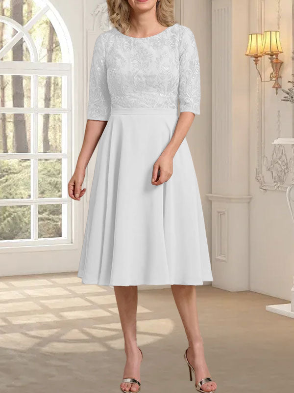 Vestido de gasa con encaje y escote redondo hasta la rodilla para madre de la novia
