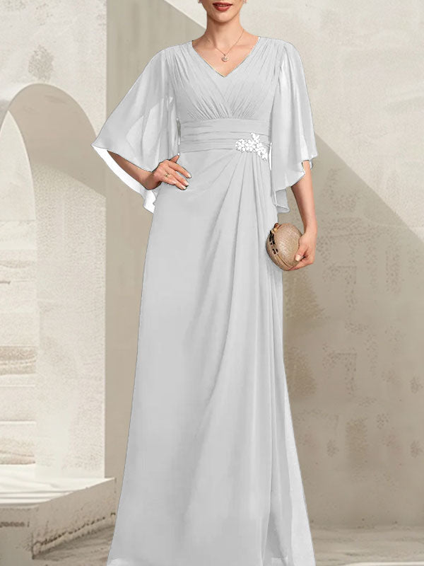 Vestido de gasa para madre de la novia, con escote en V, largo hasta el suelo, con lentejuelas plisadas y abalorios.
