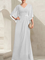 Vestido de gasa para madre de la novia, con escote en V, largo hasta el suelo, con lentejuelas plisadas y abalorios.