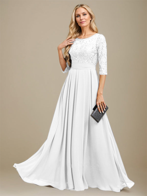Vestido de gasa con encaje y apliques de lentejuelas para madre de la novia, corte A, largo hasta el suelo 