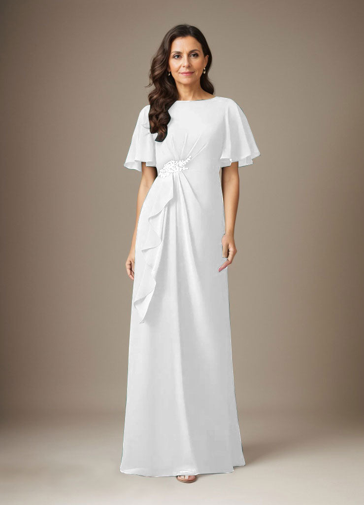 Dunkelblaues Etuikleid aus Chiffon mit Perlenbesatz