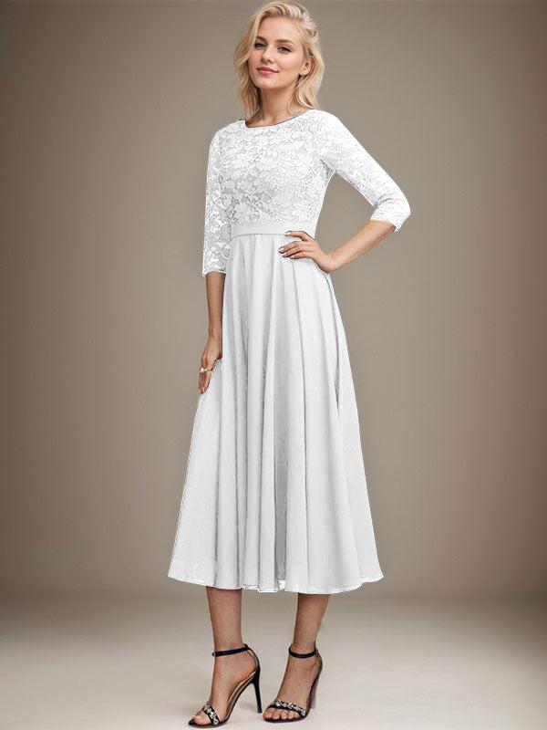 Vestido de gasa con encaje y lentejuelas para madre de la novia, corte A, escote redondo y largo hasta la rodilla