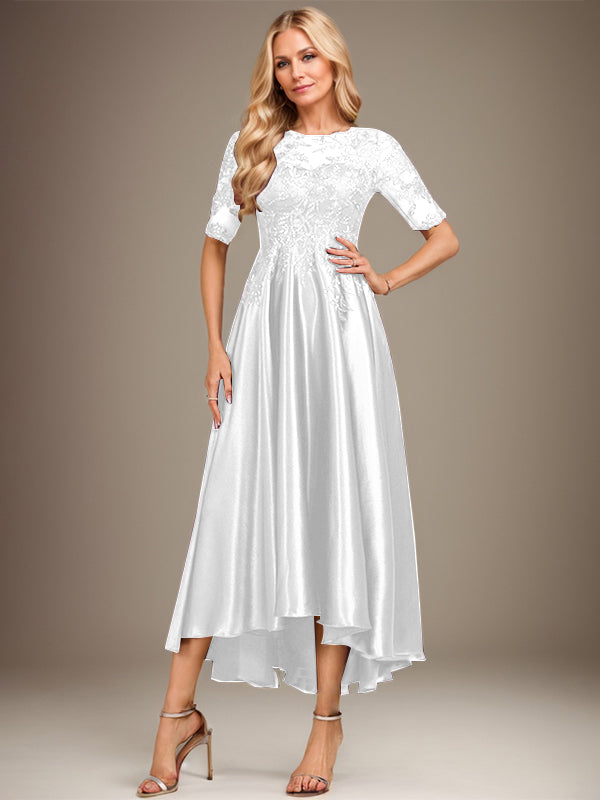 Vestido de madre de la novia de encaje satinado elástico asimétrico con ilusión de escote en A y lentejuelas 