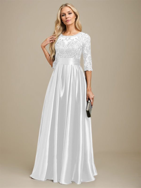 A-Linien-Kleid mit Illusion-Ausschnitt, bodenlang, aus Stretch-Satin und Spitze, verziert mit Schleife und Pailletten, für die Mutter der Braut 