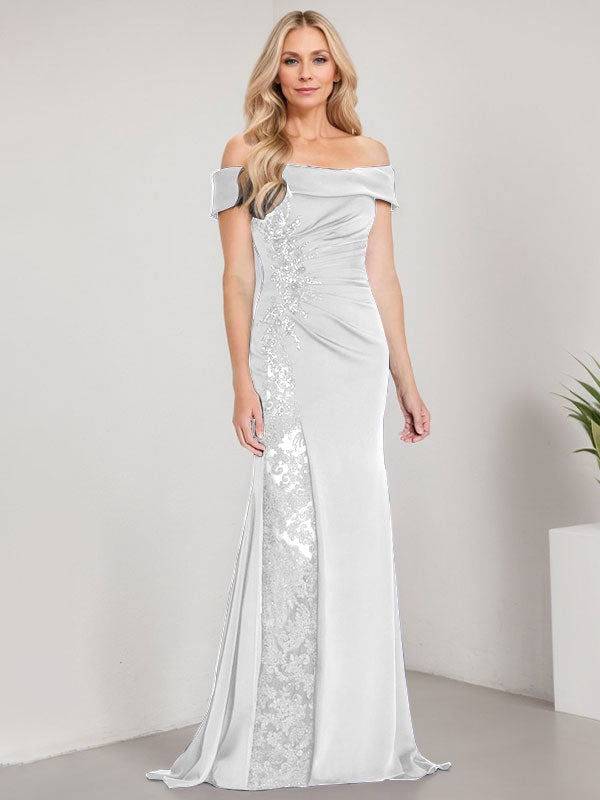 Vestido de sirena con escote en A, hombros descubiertos y largo hasta el suelo para madre de la novia, apliques y cuentas, con abertura alta 