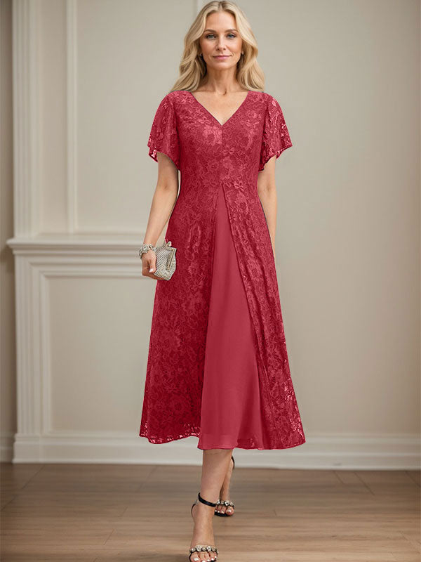A-Linien-Kleid aus Chiffon mit V-Ausschnitt und Teelänge für die Mutter der Braut 