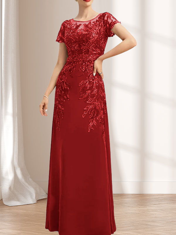 Vestido de gasa con encaje y lentejuelas para madre de la novia, largo hasta el suelo, con escote redondo e ilusión
