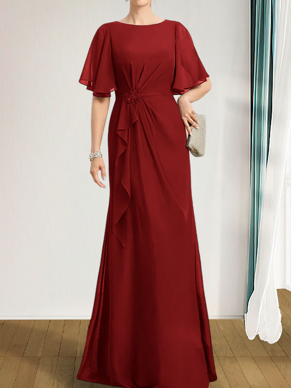 A-Linien-Kleid aus Chiffon in Bodenlänge für die Mutter der Braut mit kaskadenartigen Rüschen, Perlen und Pailletten