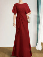 A-Linien-Kleid aus Chiffon in Bodenlänge für die Mutter der Braut mit kaskadenartigen Rüschen, Perlen und Pailletten