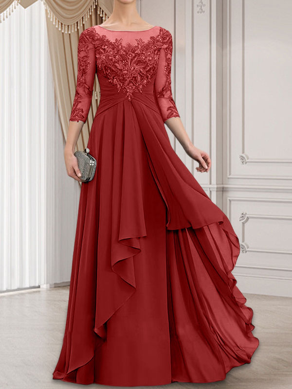 A-Linien-Kleid mit U-Boot-Ausschnitt, Illusion-Effekt, bodenlang, aus Chiffon und Spitze, mit Kaskadenrüschen – perfekt für die Mutter der Braut