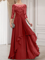 A-Linien-Kleid mit U-Boot-Ausschnitt, Illusion-Effekt, bodenlang, aus Chiffon und Spitze, mit Kaskadenrüschen – perfekt für die Mutter der Braut