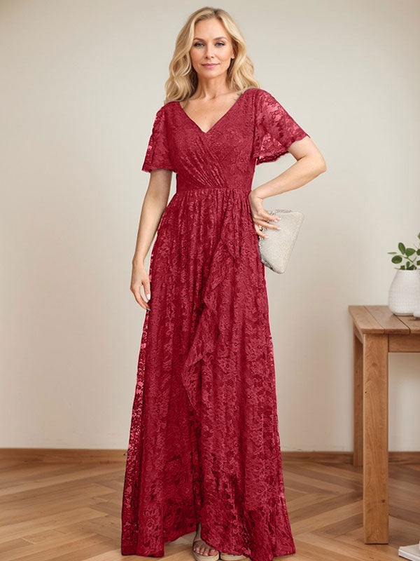 A-Linien-Kleid mit V-Ausschnitt, asymmetrischem Spitzenbesatz und Kaskadenrüschen für die Mutter der Braut 