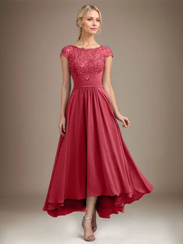 A-Linien-Kleid aus Chiffon mit asymmetrischem, plissiertem Spitzeneinsatz und Illusion-Ausschnitt für die Mutter der Braut 