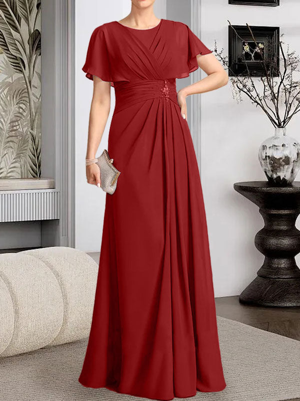 A-Linien-Kleid aus Chiffon mit Rundhalsausschnitt und bodenlanger Verarbeitung, verziert mit plissierten Perlen.