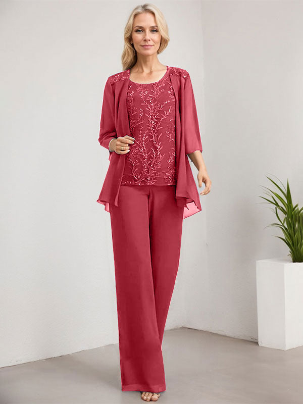 Vestido de madre de la novia de gasa con encaje y lentejuelas, con escote redondo y largo hasta el suelo, con mono/pantalón separado