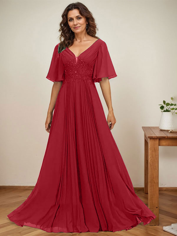 A-Linien-Kleid aus Chiffon mit V-Ausschnitt, bodenlang, mit Paillettenapplikationen, Spitze und Falten für die Mutter der Braut 