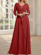 A-Linien-Kleid aus Chiffon mit V-Ausschnitt, bodenlang, für die Mutter der Braut, mit plissierter Perlenstickerei