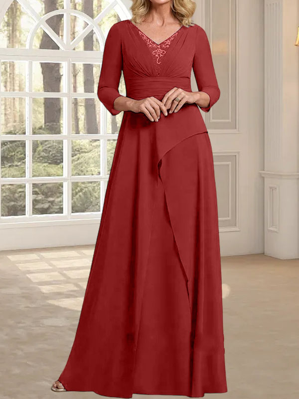 A-Linien-Kleid aus Chiffon mit V-Ausschnitt, bodenlang, für die Mutter der Braut, mit plissierter Perlenstickerei