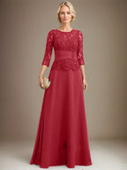 A-Linien-Kleid mit U-Boot-Ausschnitt, Illusion-Detail, bodenlang, aus Chiffonspitze, mit plissierten Pailletten und Perlenstickerei für die Mutter der Braut. 