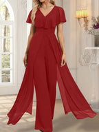 Jumpsuit/Hosenanzug, bodenlanges Chiffon-Abendkleid mit V-Ausschnitt