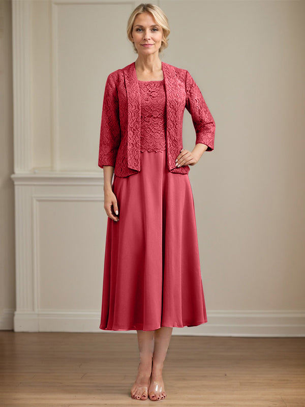Vestido de gasa con encaje y escote redondo hasta la rodilla para madre de la novia 