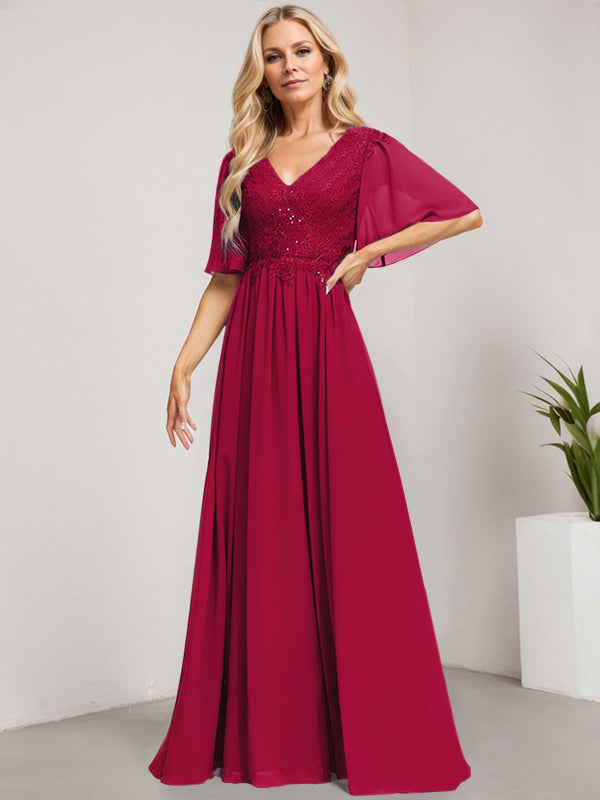 A-Linien-Kleid aus Chiffon mit V-Ausschnitt, bodenlang, mit Pailletten besetzt – ideal für die Mutter der Braut 