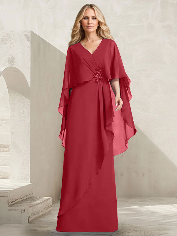 A-Linien-Kleid aus Chiffon mit V-Ausschnitt, bodenlang, mit Kaskadenrüschen und Perlenstickerei für die Mutter der Braut. 